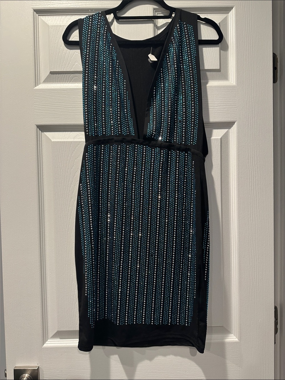 Black Dress with Blue and Silver Beaded Stripes - Women's Evening Dress